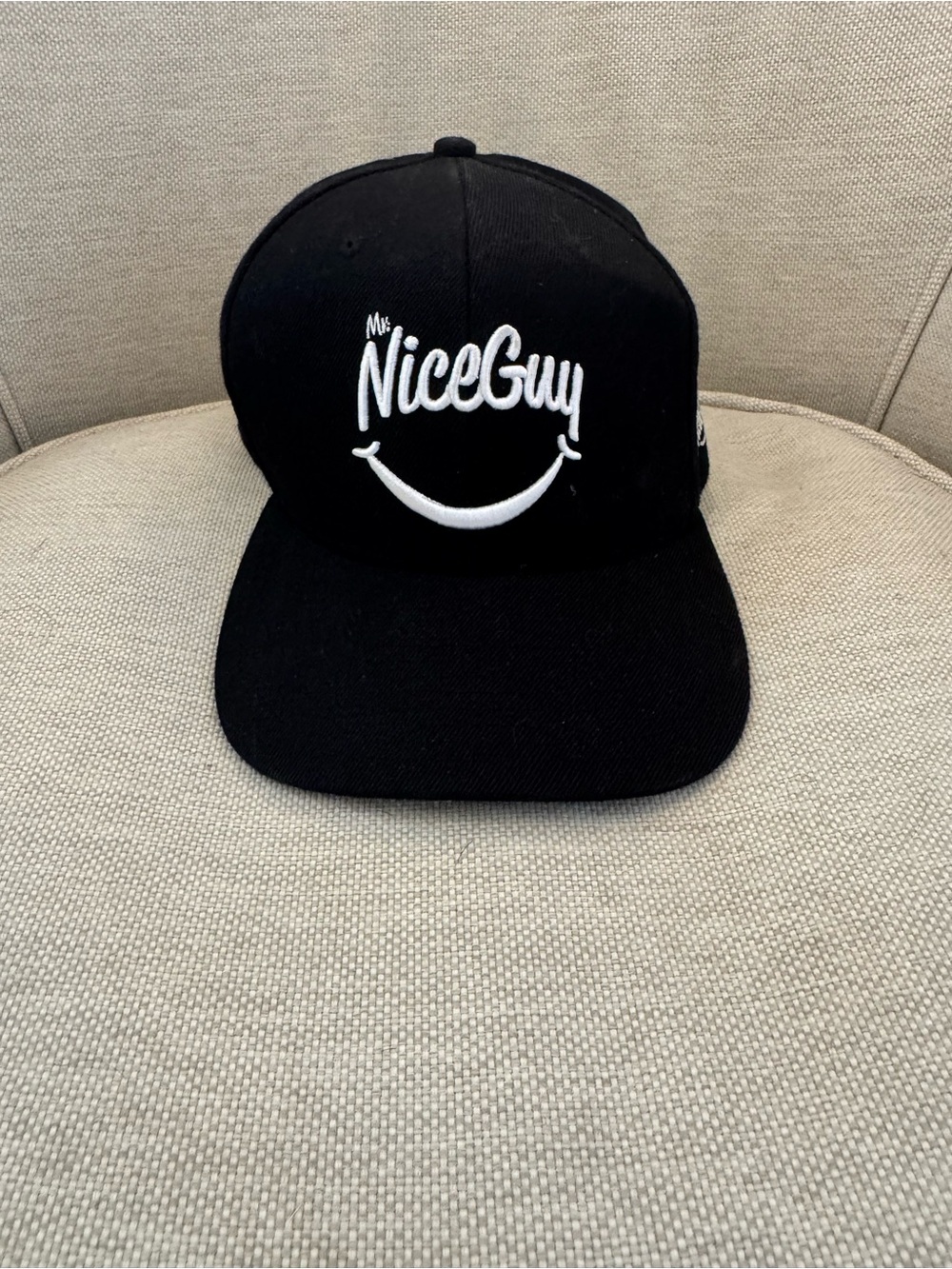 Mr. NiceGuy Black Snapback Hat with White Embroidered Logo. Excellent condition